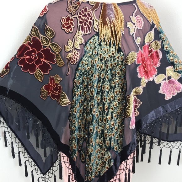 AITHENTIC VINTAGE Tops - VINTAGE MAGICAL BURNOUT VELVET BEAD PEACOCK SHAWL